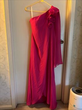 One-Shoulder Fuchsia Evening Gown with Floral Accent